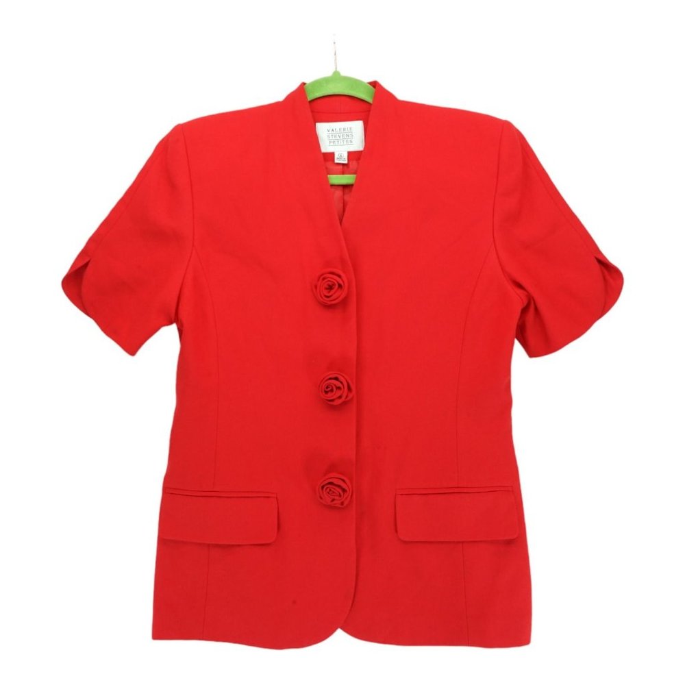 Valerie Stevens Womens Blazer Red Sz Petites 6 Short Sleeve Padded Flower Button